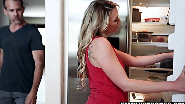 Bare ass stepdaughter Adira Allure seduces her daddy and fucks him under moms nose