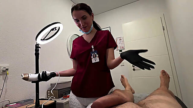 Russian MILF gives her client nice blow and handjobs after lasering his balls