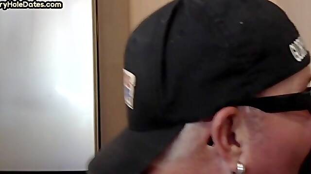 Gloryhole gaydaddy in closeup takes pecker in his mouth
