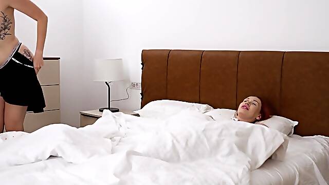 Hot step-siblings share bed: step-mom and step-sister get wet and wild