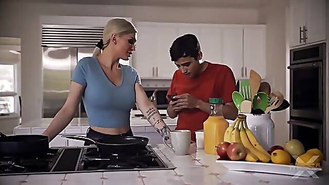 Big boobed blonde MILF in stockings Kenzie Taylor gets her hairy pussy fucked by stepson