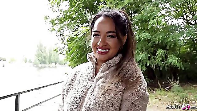 Busty Latina midget Munequita Enfadada talk to big dick casting fuck