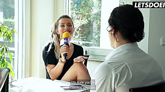 Mature blonde German MILF interviews him at the table before begging for