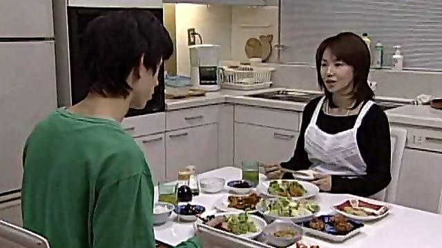 Japanese housekeeper does the dishes then works his cock