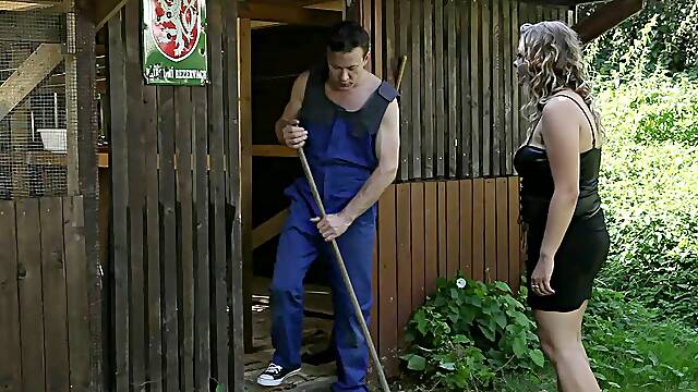 Gardener lies in the grass for hot facesitting with a BBW
