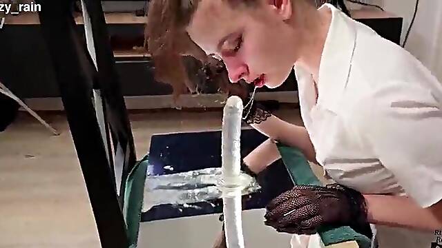 Ritzy Rain Takes A Deepthroat Exam On Top Of Mirror And Gets Mouth Drilled With O-Ring Throat Gag