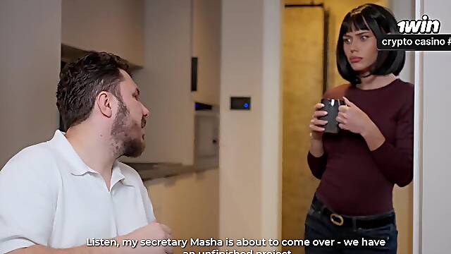 Secretary MariMoore unfathomable-mouths a dick and has coarse sex with her boss whilst his wife is in the next room