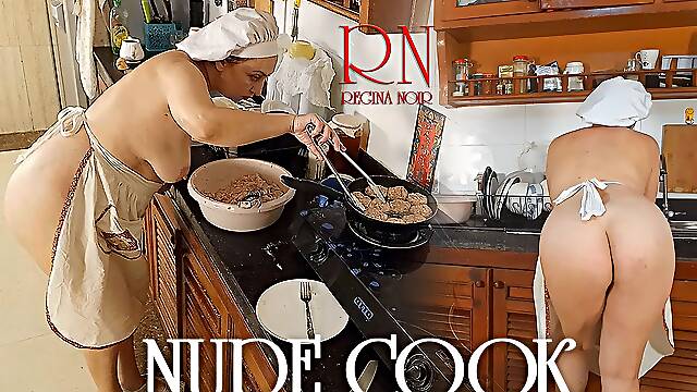 Nudist Housewife Regina Noir Cooks at the Kitchen
