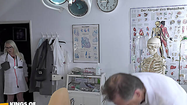 Blonde Patient Gets Her Pussy Fucked by a Old Doctor and Pussy Pleased by His Nurse