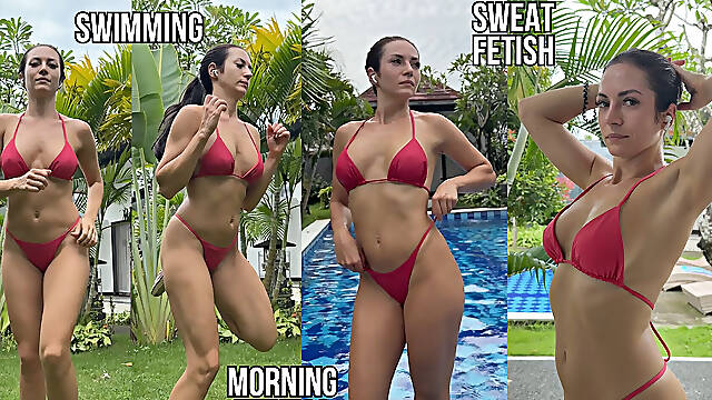 Morning Fitness in Hot Bikini, Sweating, Swimming