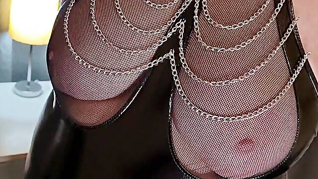 Trying on my PVC & Chains basque before our trip to the Sex Club